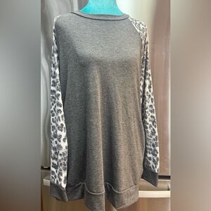 Gray Long Sleeve Top with Animal Print Sleeves, Grunge Y2K